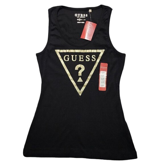 Guess Womens‎ Tank Top Gold Triangle Logo Black Size S - Picture 1 of 9